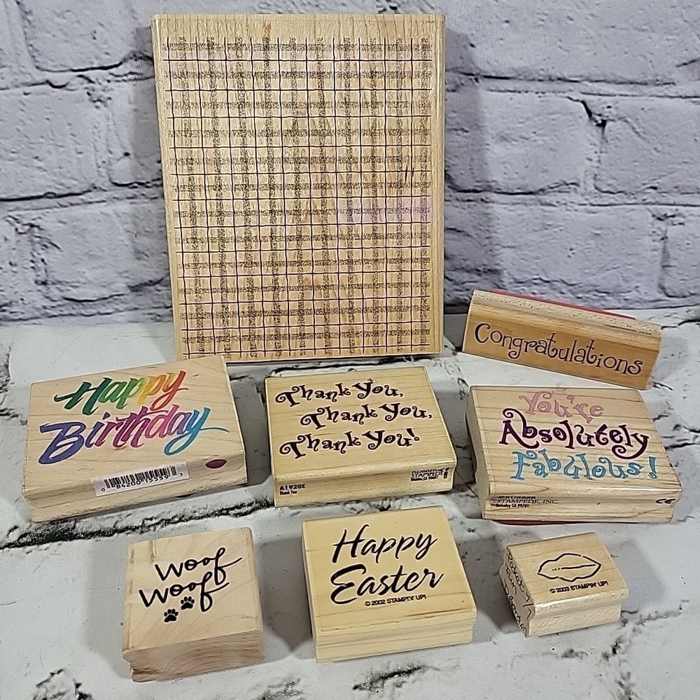 Rubber Stamps Lot Of 8 Assorted Wood Mounted Checkered Birthday Thank You Words